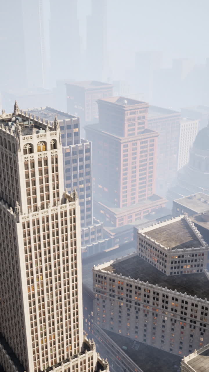 vista aérea de un horizonte de la ciudad con rascacielos y niebla