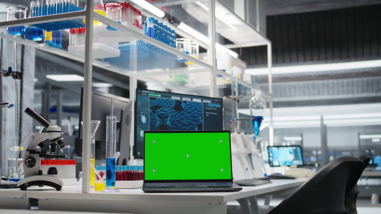 Isolated Screen Laptop In Lab Next To Test Tubes And Microscope Equipment
