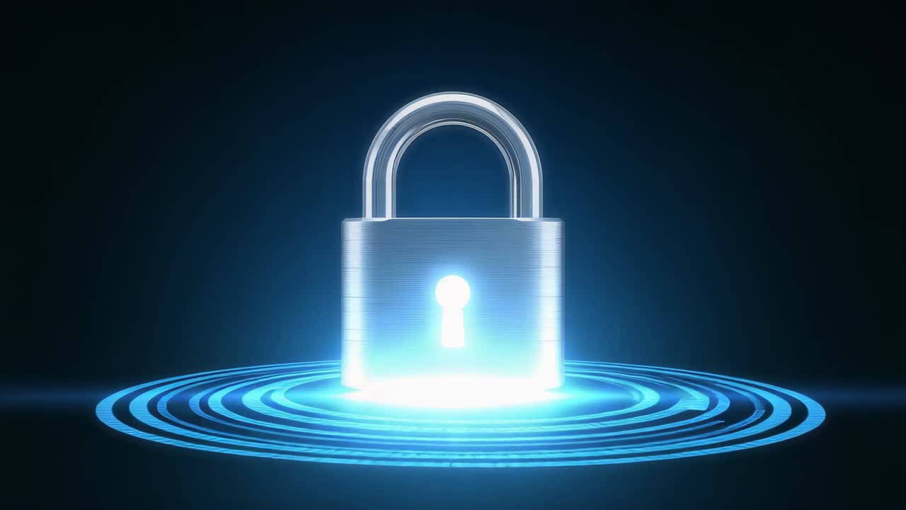 Glowing chrome padlock with shackle keyhole reacting to lens flare in dark studio, creating rings