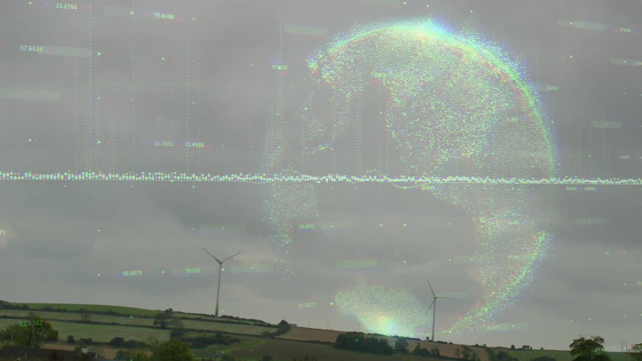 グリッチした丘陵地帯の上に浮かぶ透明な3D地球儀。タービン、生垣、データポイントがある