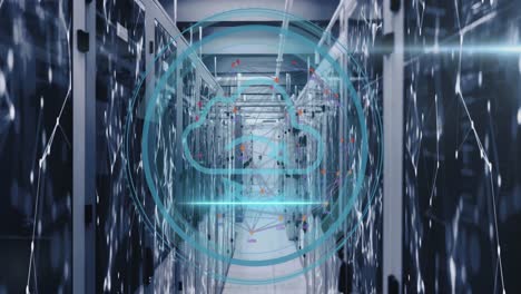 animation of data processing and cloud over server room