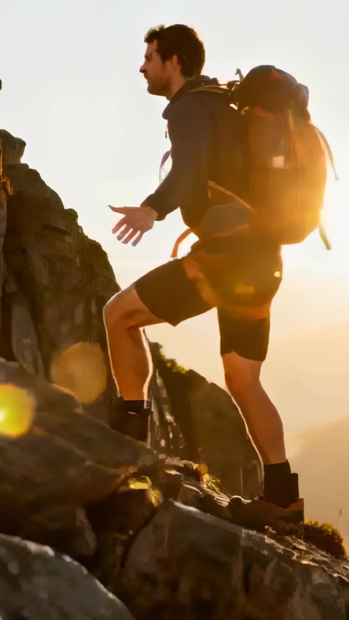 Video verticale: Uomo che si arrampica vicino a una roccia, si protende e tira su una cresta rocciosa con zaino, scarponi, spazio per il testo.
