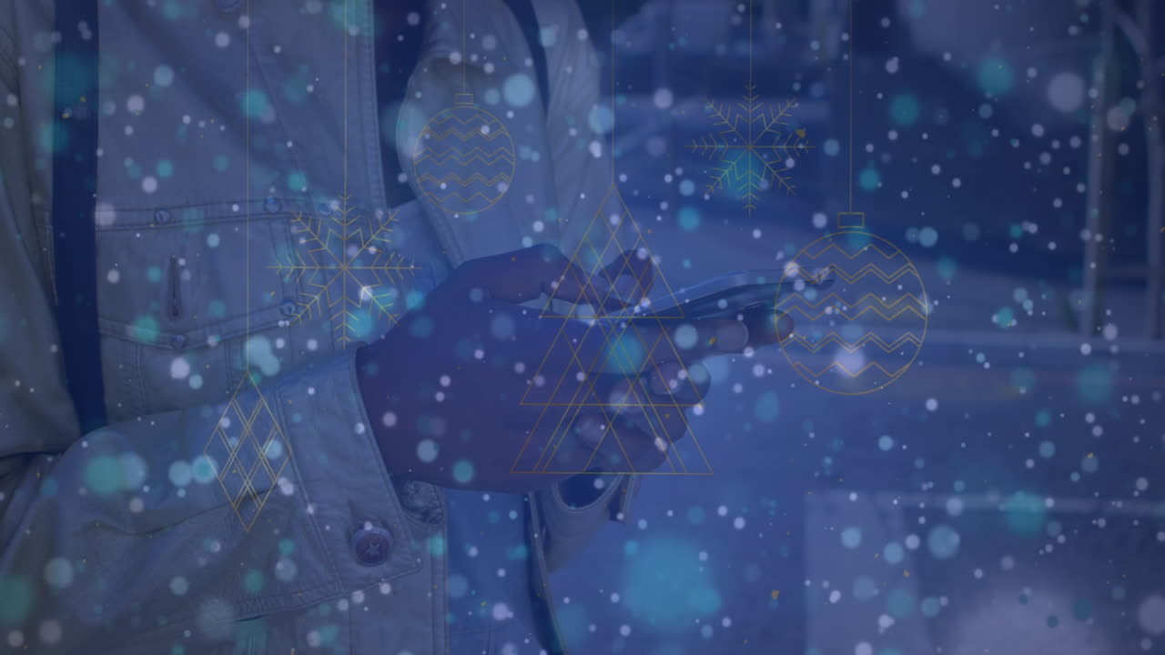 거리에서 스마트폰을 사용하는 여성의 중간 부분에 파란 반점과 추상적인 모양의 애니메이션