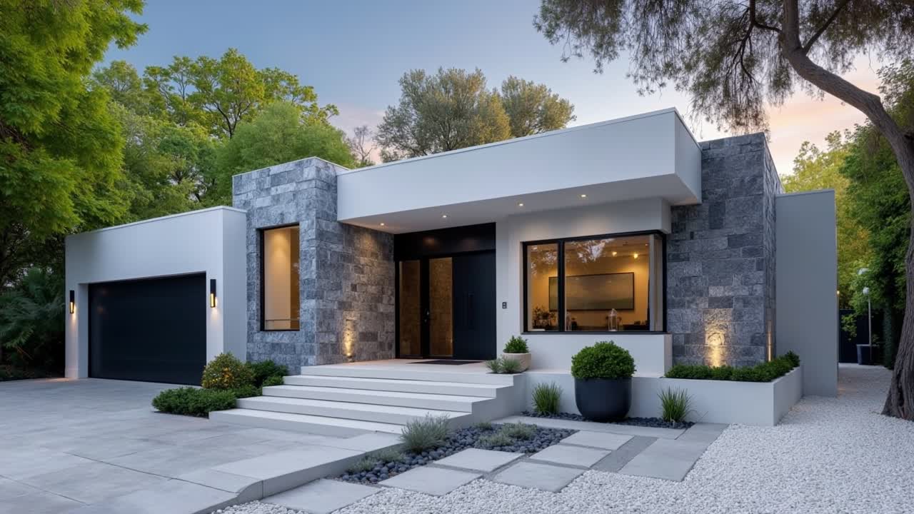 Lujosa casa arquitectónica moderna con paredes de piedra y diseño minimalista durante la hora azul del atardecer.