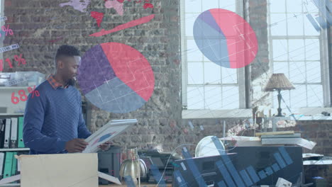 animation of data processing over happy african american businessman in office