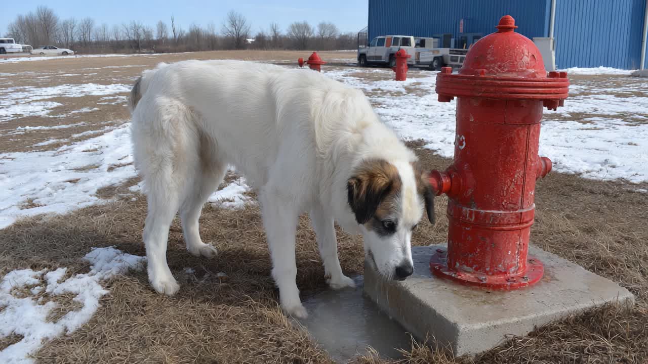 Curious Dog Investigates Red Fire Hydrant in Snowy Field, Capturing a Moment of Playfulness and Exploration in the Winter Landscape