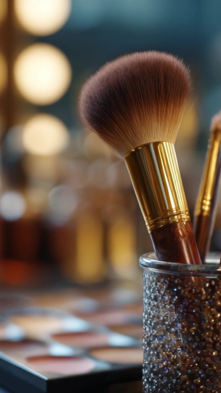 Stylish Makeup Brushes in a Glamorous Vanity Setup Surrounded by Colorful Palettes Reflecting Light and Creating a Beautiful Ambience for Beauty Lovers