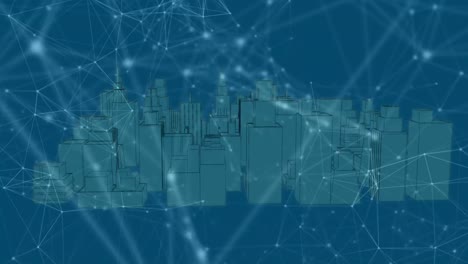 Animation-of-networks-of-connections-over-3d-cityscape-on-blue-background