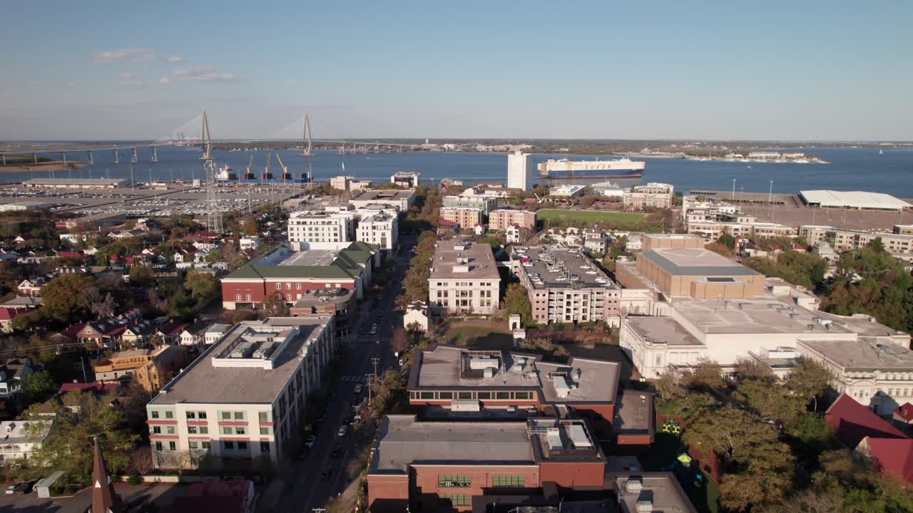 Downtown Charleston with Cooper River, Harbor and Ravenel Bridge, 4K drone shot