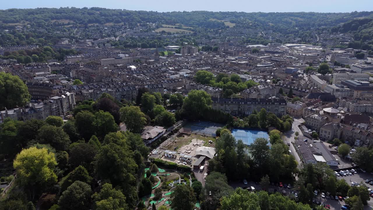 Aerial pan of City of Bath on summers day from South West anti clockwise across Bath to The Royal Crescent