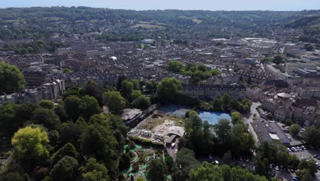 aerial pan of city of bath on summers day from south west anti clockwise across bath to the royal crescent