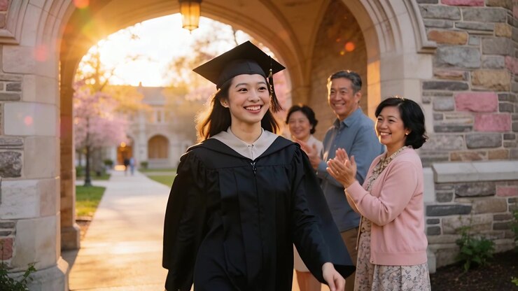 Laureato che cammina dopo l'applauso della famiglia, sorridente sotto un arco in pietra nel campus, indossando tocco e toga.