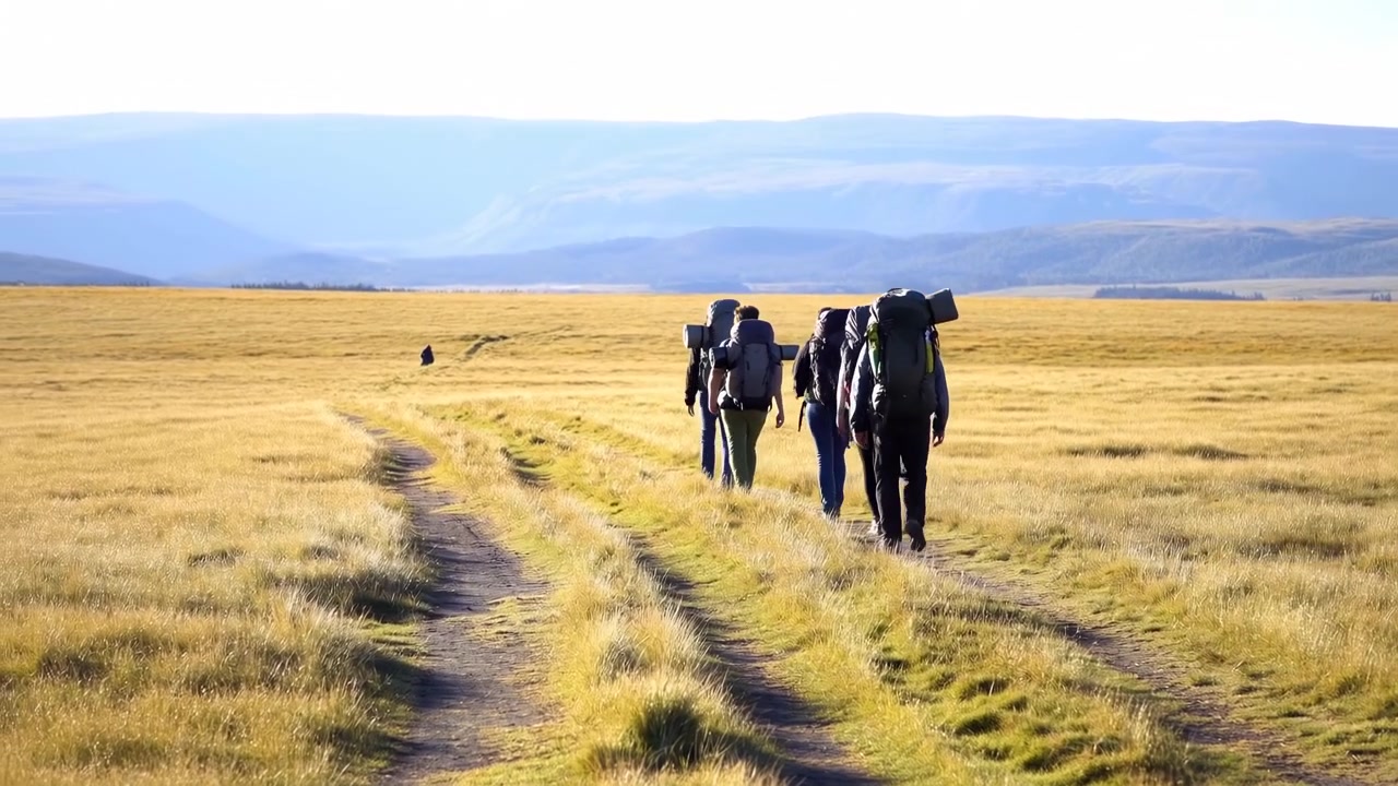 Group of people standing in a field, in open field with distant mountains and clear sky, with people, field, mountains, with grass, sky texture, from a wide-angle shot from a distance perspective.