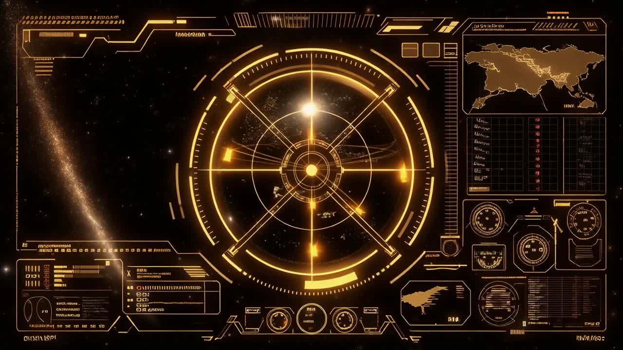 Golden Futuristic HUD Interface Displaying Data in Space