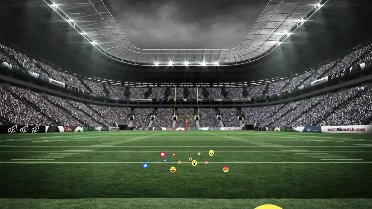 Grappolo emergente a centrocampo di emoji fluttuanti che si spostano attraverso le linee del campo, mostrando le reazioni dei fan.
