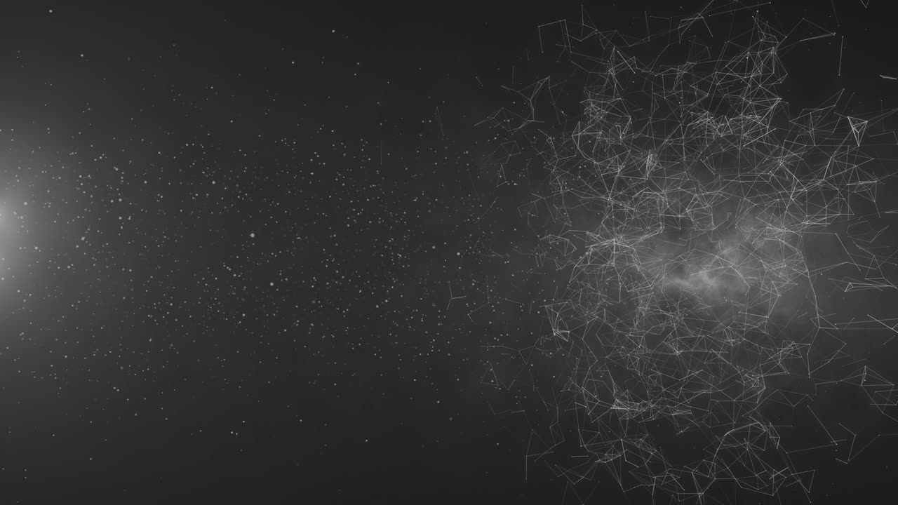Abstract sphere from connected plexus. Geometric black white background with moving lines, dots and triangles. Science and technology background with star particles in the sky and space. Depth of field settings. The computer was created.
