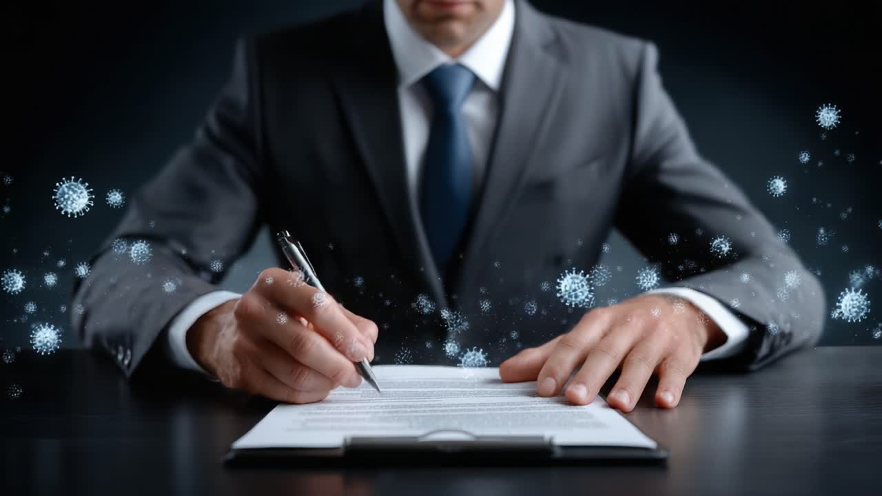 A focused individual in a suit meticulously signs a document, with a surreal background of floating particles, symbolizing uncertainty and caution in decision-making