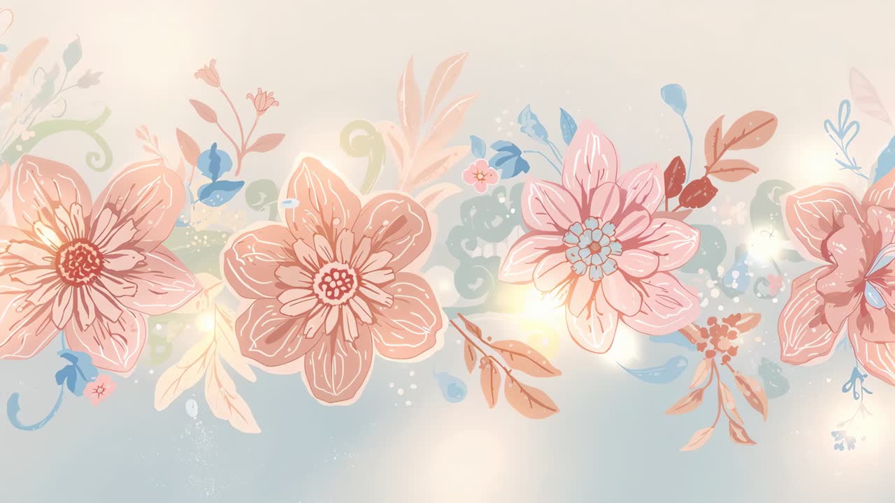 Ghirlanda floreale pulsante disegnata che si sposta, bokeh che aumenta, rivelando la fioritura giusta da ripetere sulla card