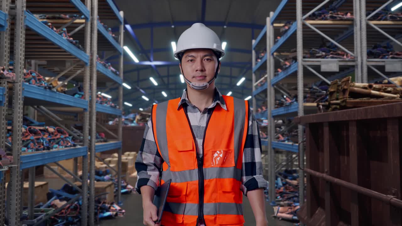 Vista frontale di un ingegnere uomo asiatico che tiene un tablet mentre cammina in un magazzino industriale di rottami metallici e riciclaggio.
