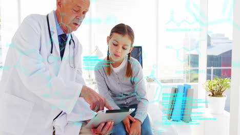 animación de procesamiento de datos sobre un médico caucásico con una tableta hablando con una chica en el hospital