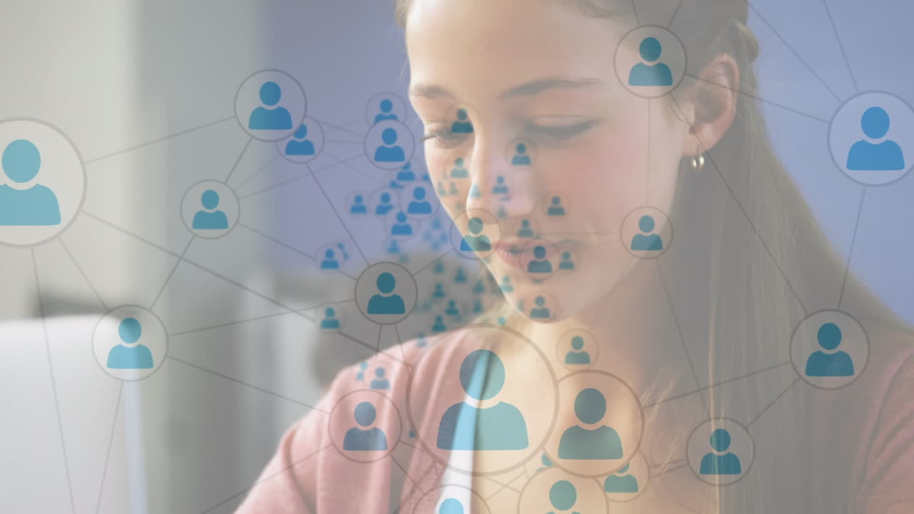 노트북을 사용하는 여학생을 통해 아이콘과 연결 네트워크의 애니메이션