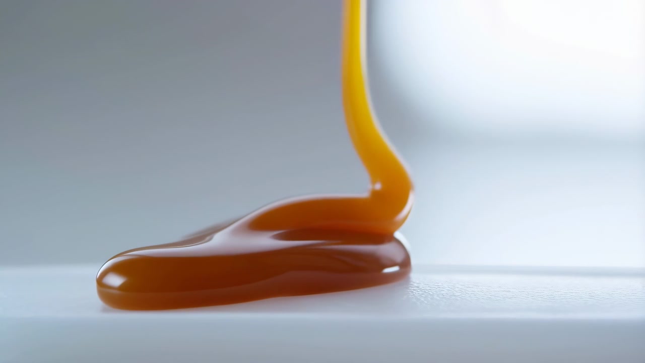 Close-up of amber syrup pouring into elongated glossy puddle on matte white tabletop, forming curved tail, smooth spread, warm highlights, soft shadows, and clean minimal food setting
