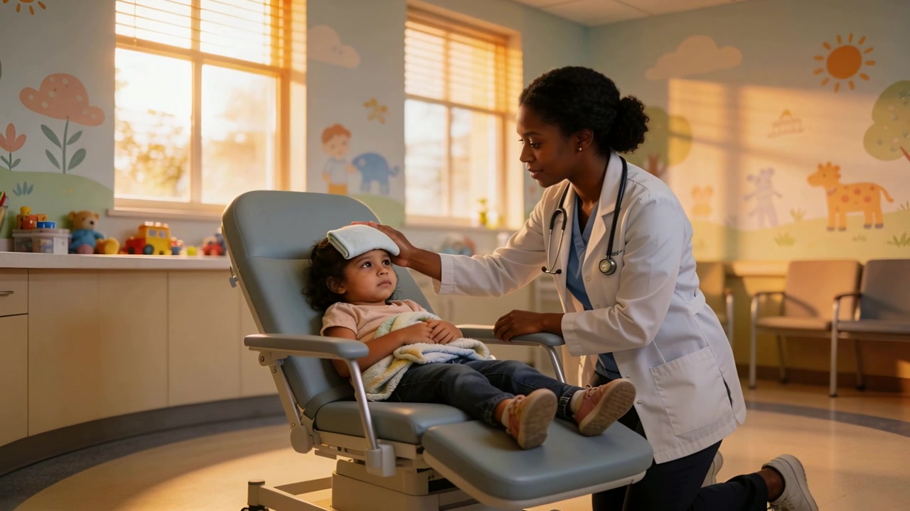 Placing cool compress, doctor in coat kneeling beside child checking temp for fever in exam room