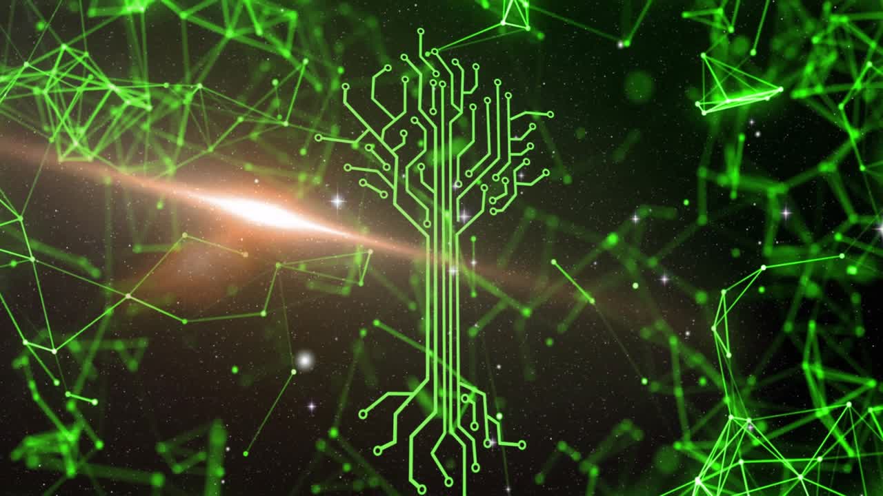 Upon starting green nodes drifting forming circuit tree, flare sweeping trunk for network evolution