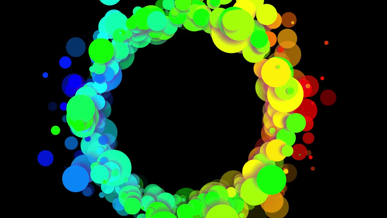 평평한 스타일의 물에 페인트 거품이나 염료 방울과 같은 아름다운 다채로운 공을 가진 4k 루프 추상적인 배경, 알파 채널로 루마 매트와 함께 3d, 복사 공간과 함께 링 구조.