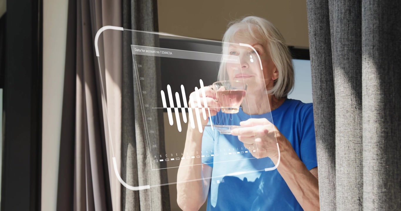 woman holding teacup by window activating bar chart for finance account 123456CA sipping tea