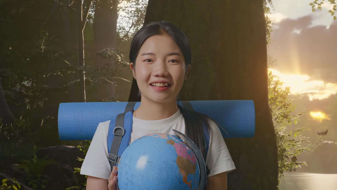 mujer joven con una mochila y un globo en un bosque al amanecer o al atardecer