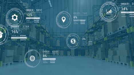 animation of icons with data processing over warehouse