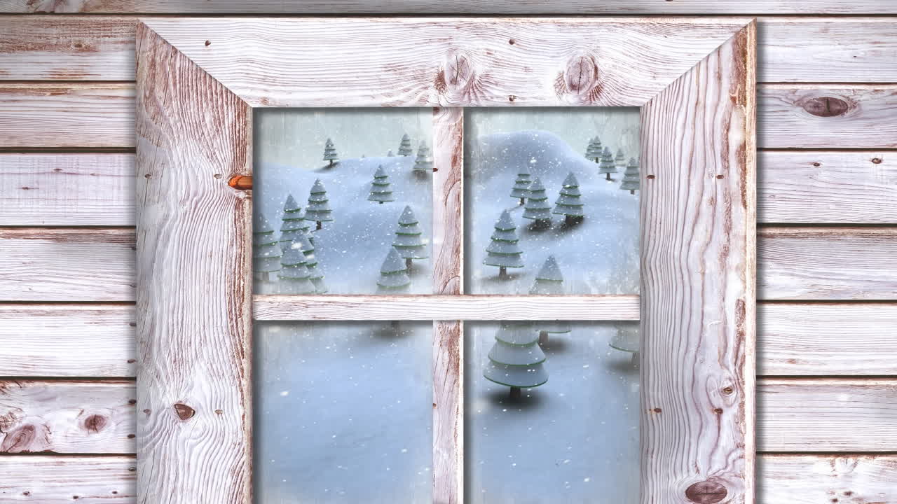 animación de nieve cayendo y paisaje de invierno de navidad visto a través de la ventana