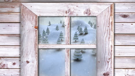 animation of snow falling and christmas winter scenery seen through window