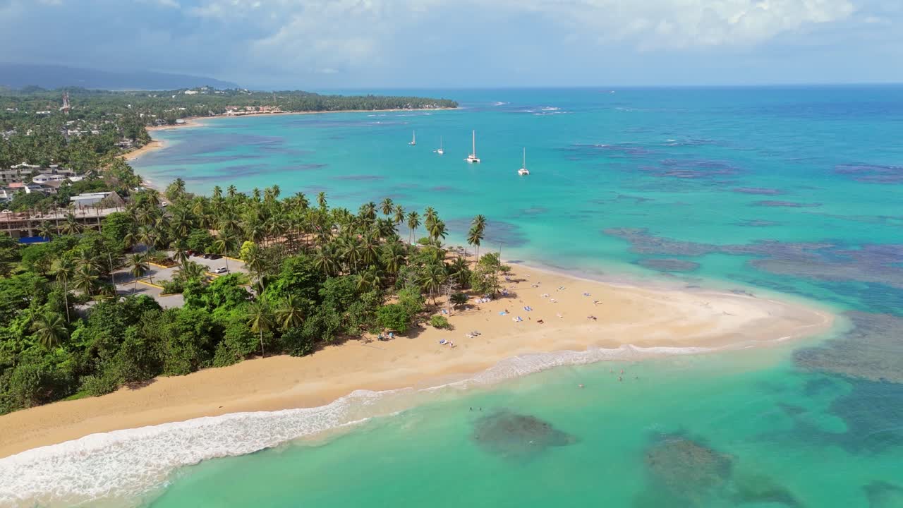 Palme su spiaggia sabbiosa lungo il mare turchese dei Caraibi con yacht a vela. PLAYA PUNTA POPY, LAS TERRENAS, SAMANA, Repubblica Dominicana. Ampia ripresa aerea in ascesa.