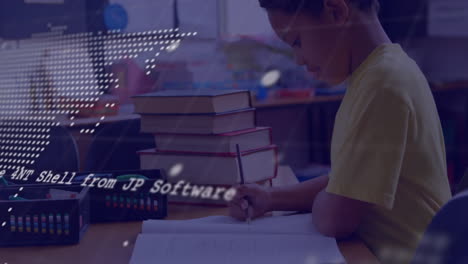 in school, child studying at desk with books, coding animation on computer