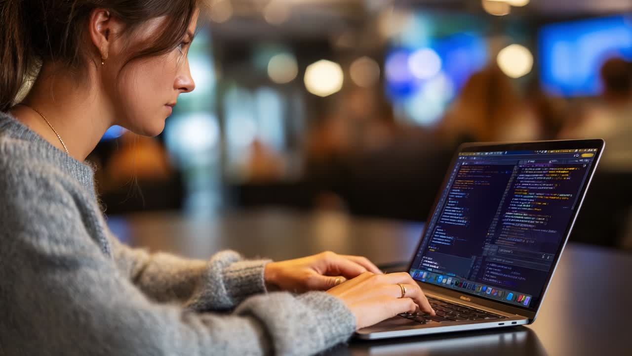 Focused young woman programming on her laptop in a modern workspace, showcasing the art of coding, with colorful lines of code illuminated on the screen and a blurred background of engaged individuals