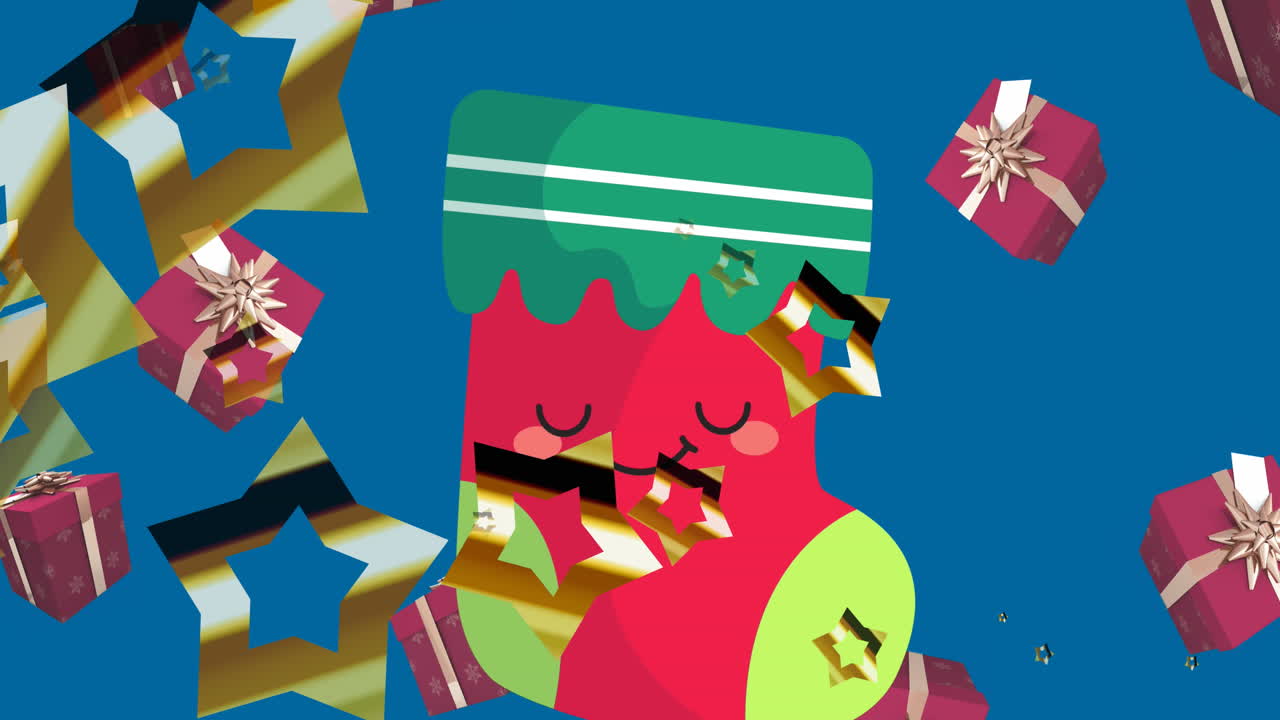 별과 선물이 떨어지는 애니메이션 행복한 만화 크리스마스 양말