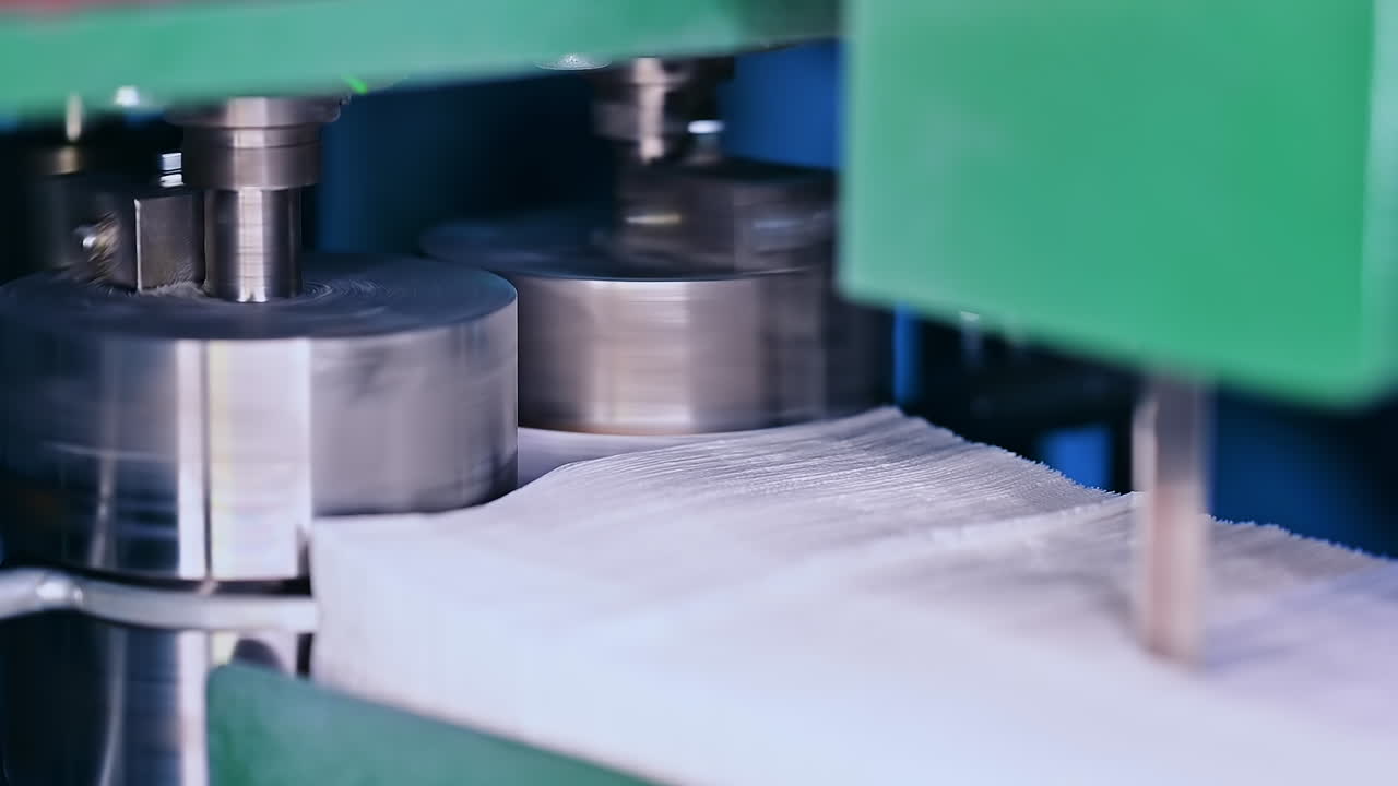 Thick spinning metal shafts pushing the fabrics for future diapers. Stack of non-woven cloths for nappies. Close up.