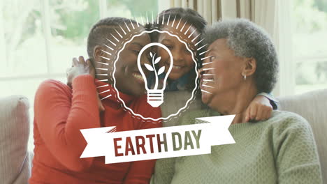 earth day light bulb animation over family hugging and smiling on couch