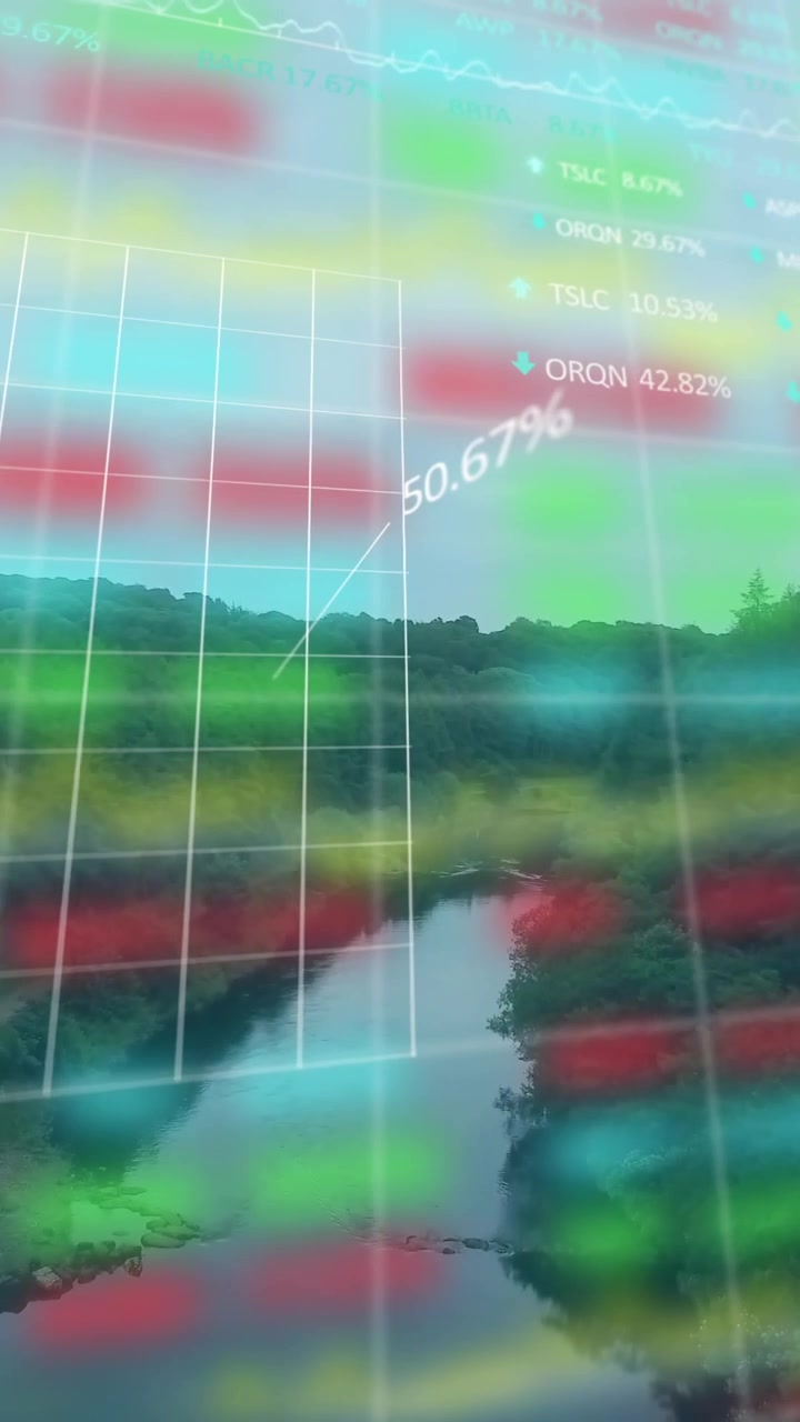 Animation of stock market and diagrams over landscape
