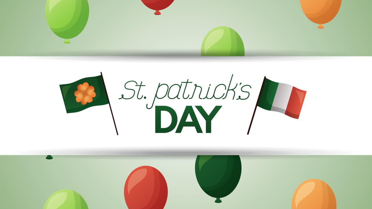 tarjeta animada del día de san patricio con globos de helio y bandera de irlanda