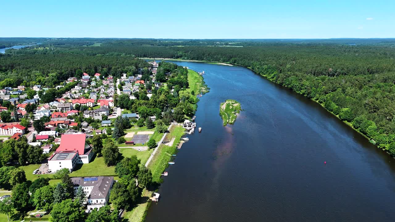 Nemunas river and Birstonas township in Lithuania, aerial view