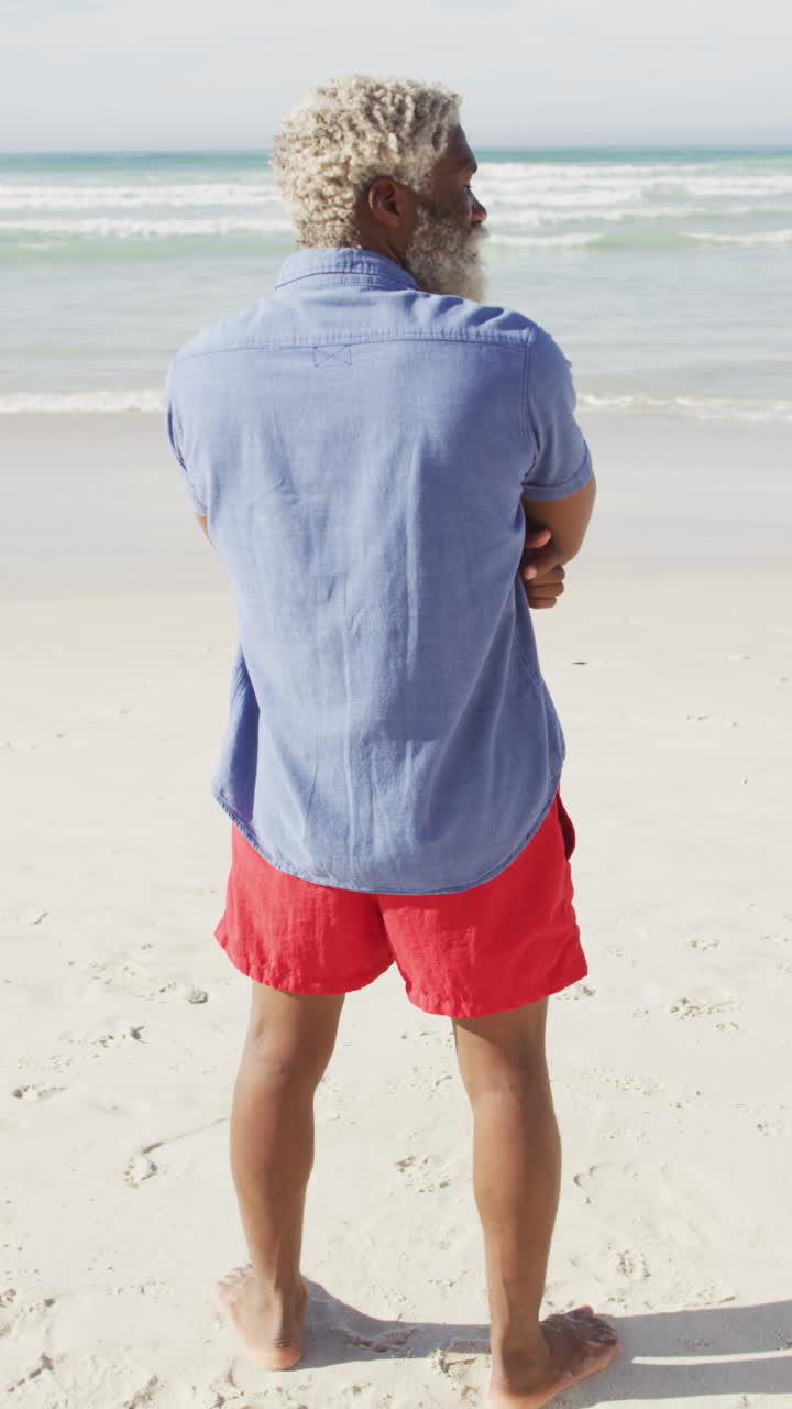 Vertical video of back view of senior african american man on beach