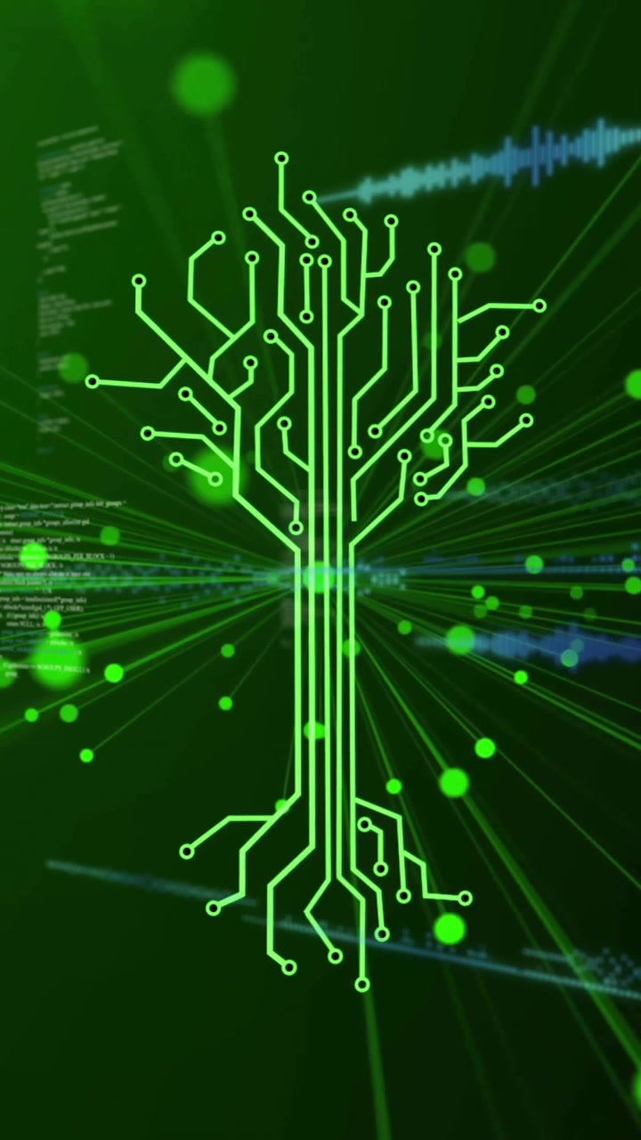 Tree-shaped circuit board with glowing green nodes, data processing animation