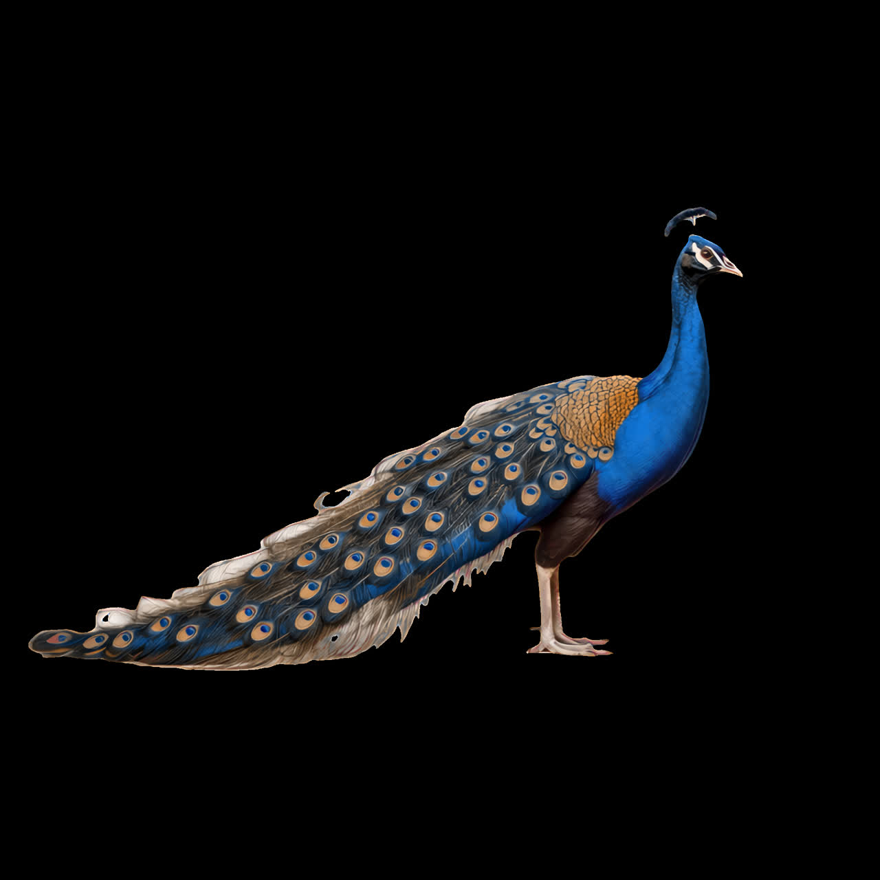 Elegant peacock with vibrant plumage animation isolated asset, transparent 4K video, alpha channel