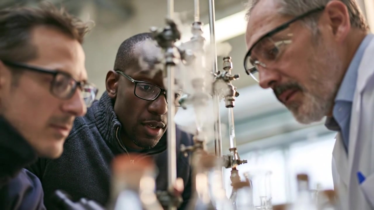 Chercheurs de laboratoire discutant d'une expérience scientifique à côté d'équipements en verre
