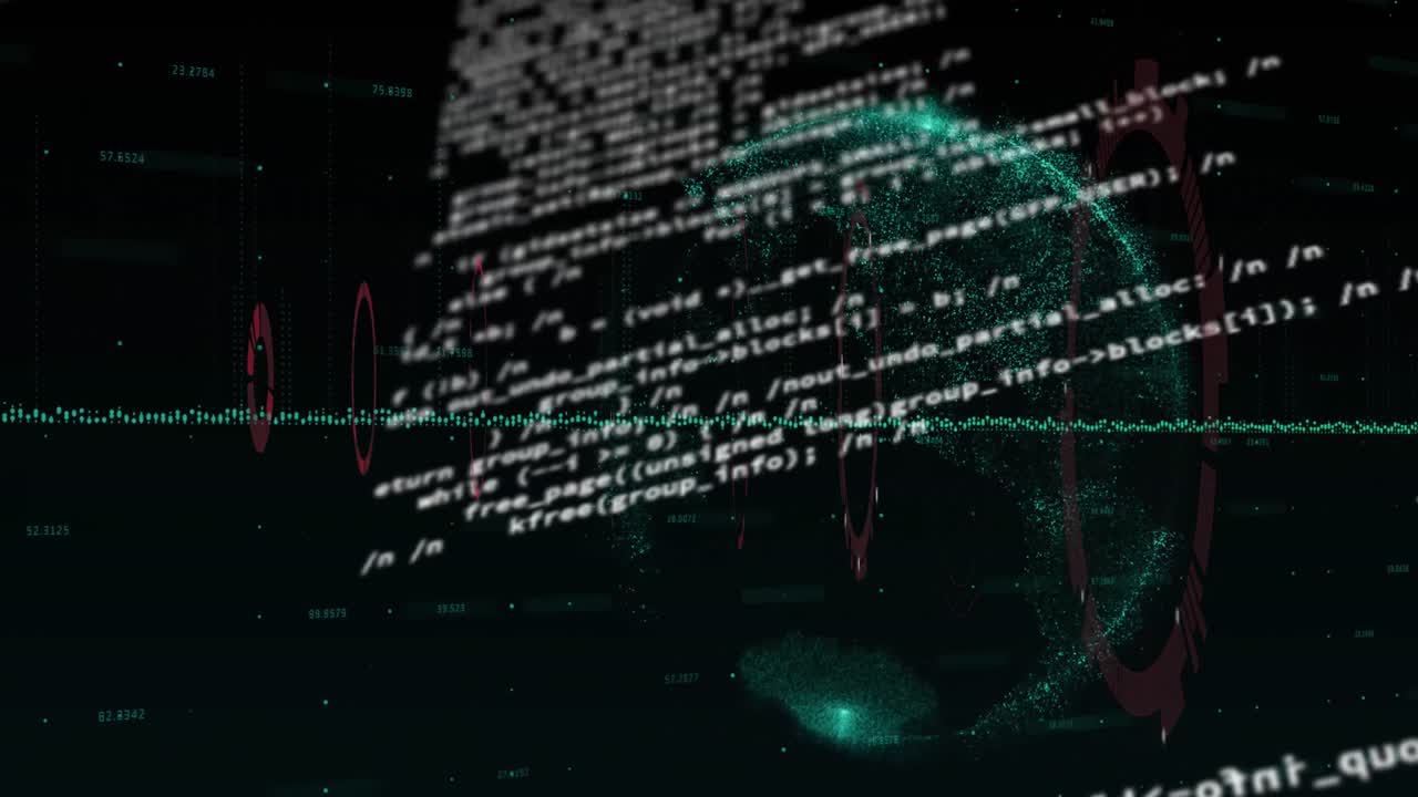 animación del escáner redondo girando sobre el procesamiento de datos y el globo contra un fondo negro