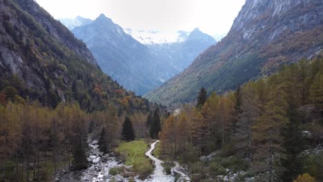 avión no tripulado en el bosque en val di mello, ojo de águila, italia
