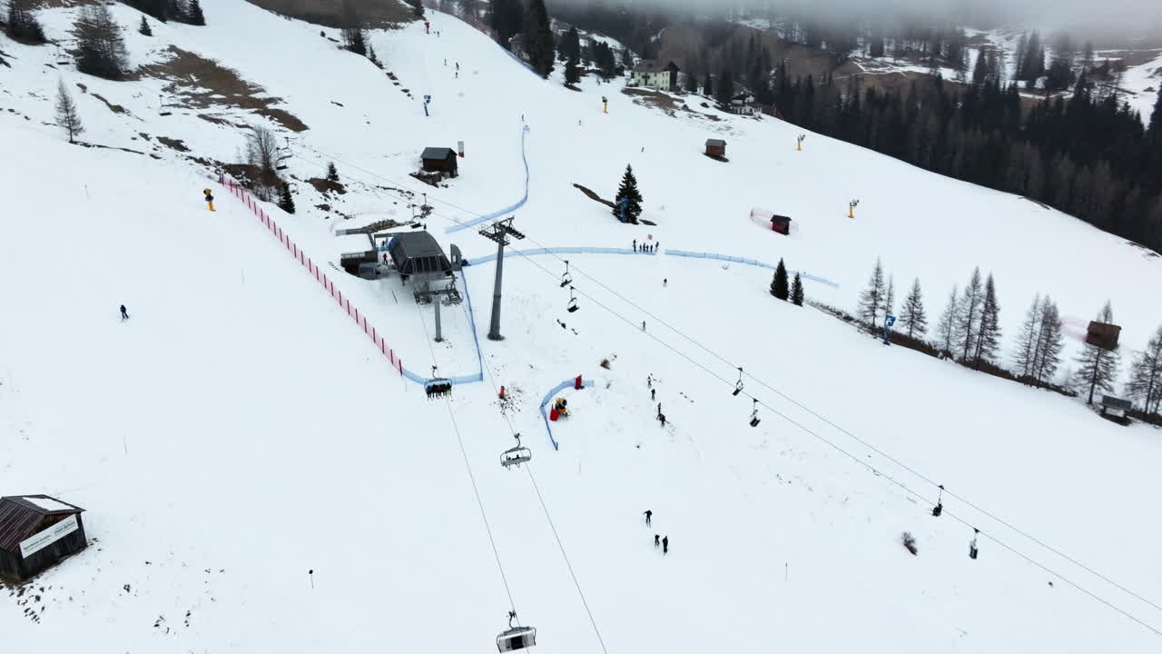 Aerial drone view of the Arabba ski resort in the Dolomites, Italy